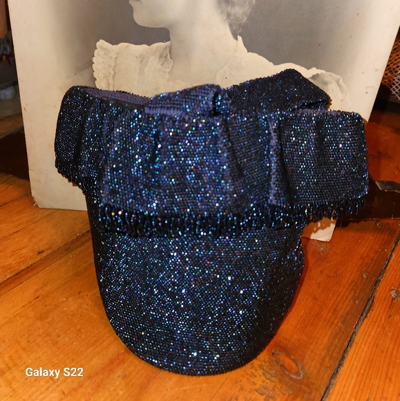 Fab 1940s Era Blue Aurora Borealis Glass Seed Bead Fringed Bucket Purse Bag - Picture 5 of 6